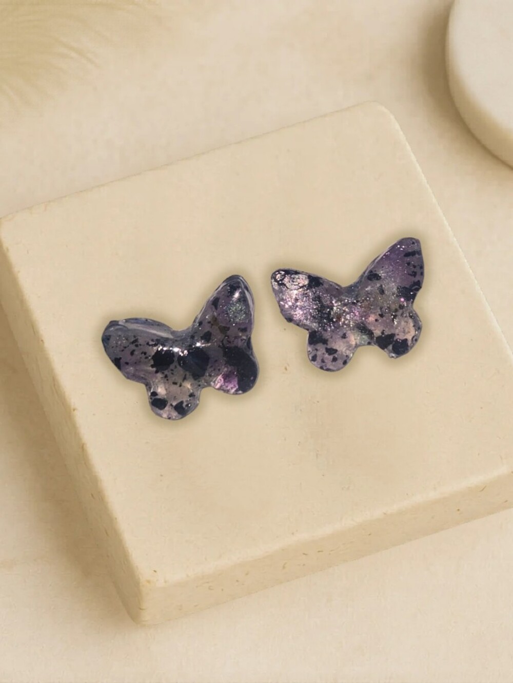 Butterfly Resin Stud Earrings in Purple with Black and Gold Flecks Amethyst